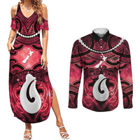 Personalised Maori Matariki Hei Matau Whero Couples Matching Summer Maxi Dress and Long Sleeve Button Shirt Maori Kowhaiwhai Pattern Galaxy LT01 Red - Polynesian Pride