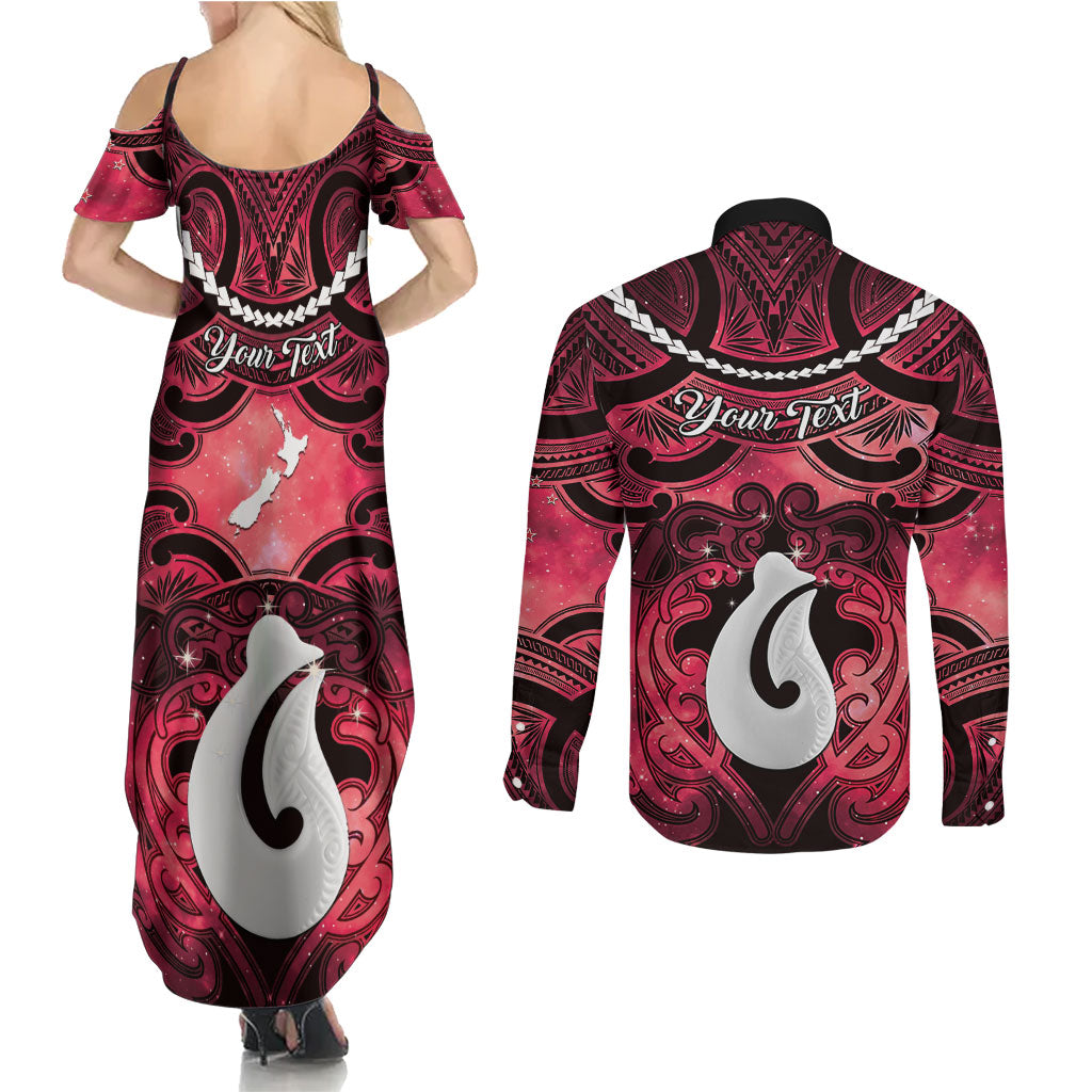 Personalised Maori Matariki Hei Matau Whero Couples Matching Summer Maxi Dress and Long Sleeve Button Shirt Maori Kowhaiwhai Pattern Galaxy LT01 - Polynesian Pride