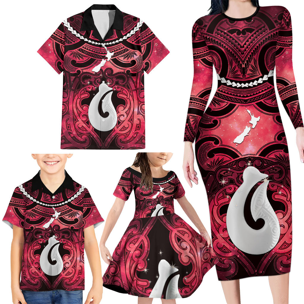 Personalised Maori Matariki Hei Matau Whero Family Matching Long Sleeve Bodycon Dress and Hawaiian Shirt Maori Kowhaiwhai Pattern Galaxy LT01 - Polynesian Pride