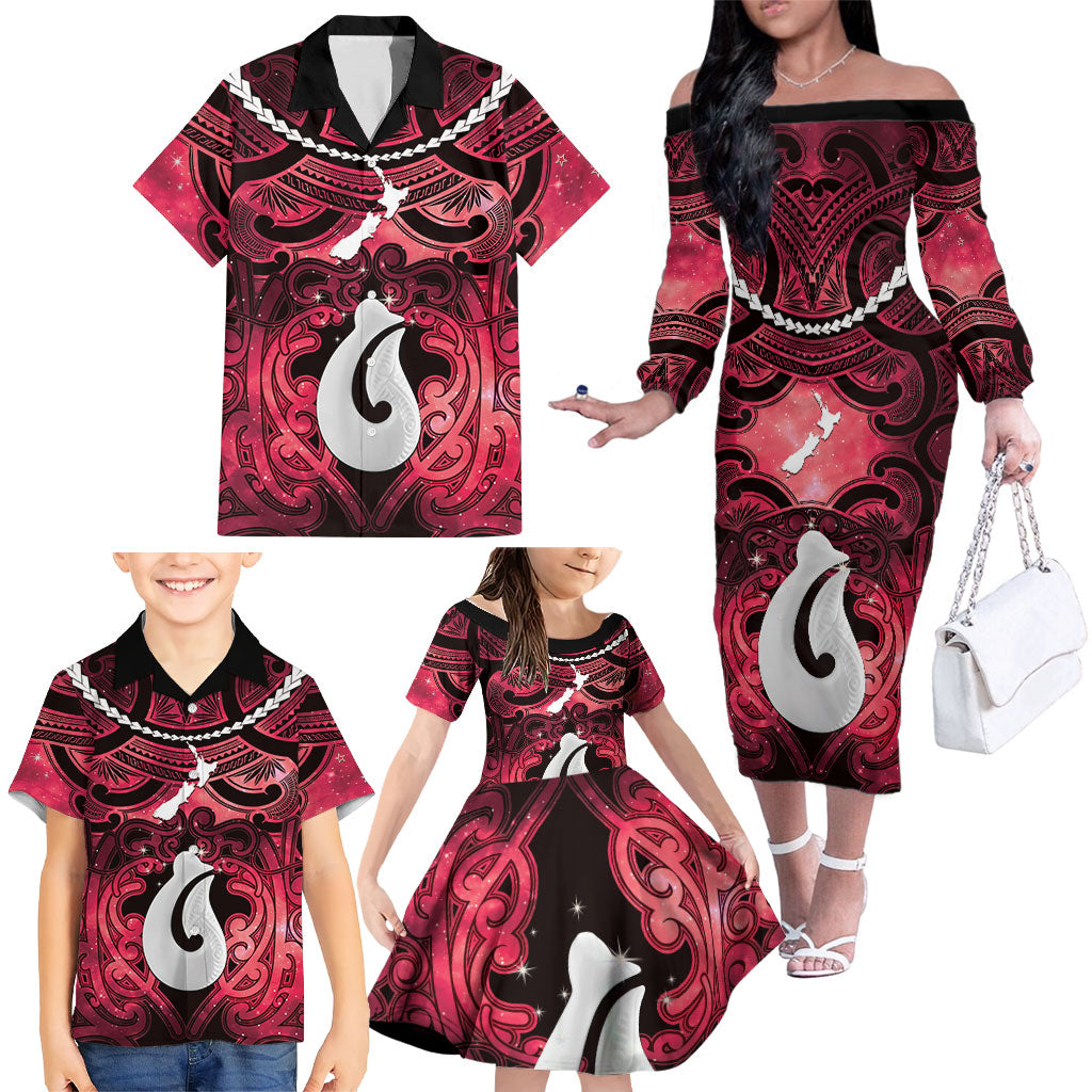 Personalised Maori Matariki Hei Matau Whero Family Matching Off The Shoulder Long Sleeve Dress and Hawaiian Shirt Maori Kowhaiwhai Pattern Galaxy