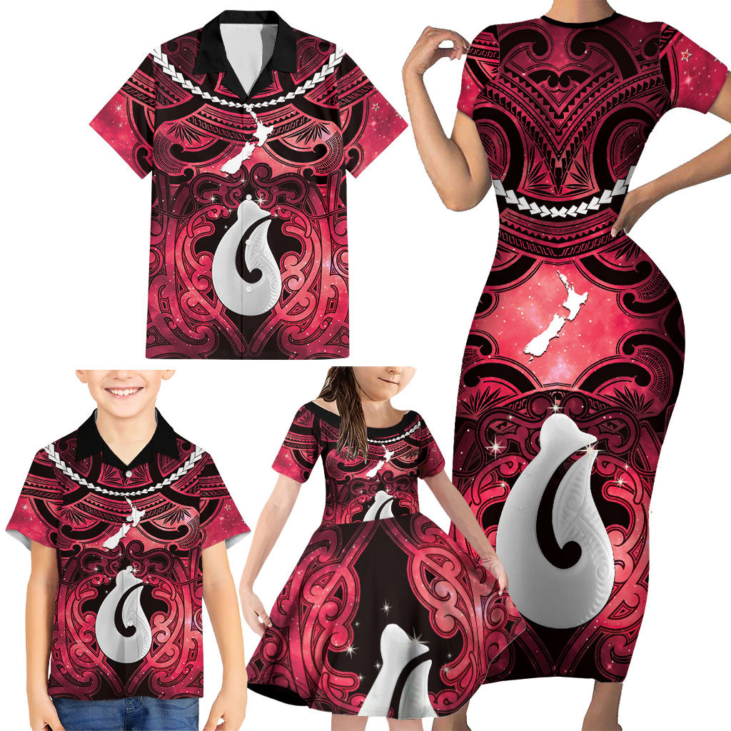 Personalised Maori Matariki Hei Matau Whero Family Matching Short Sleeve Bodycon Dress and Hawaiian Shirt Maori Kowhaiwhai Pattern Galaxy LT01 - Polynesian Pride