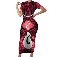 Personalised Maori Matariki Hei Matau Whero Family Matching Short Sleeve Bodycon Dress and Hawaiian Shirt Maori Kowhaiwhai Pattern Galaxy LT01 Mom's Dress Red - Polynesian Pride