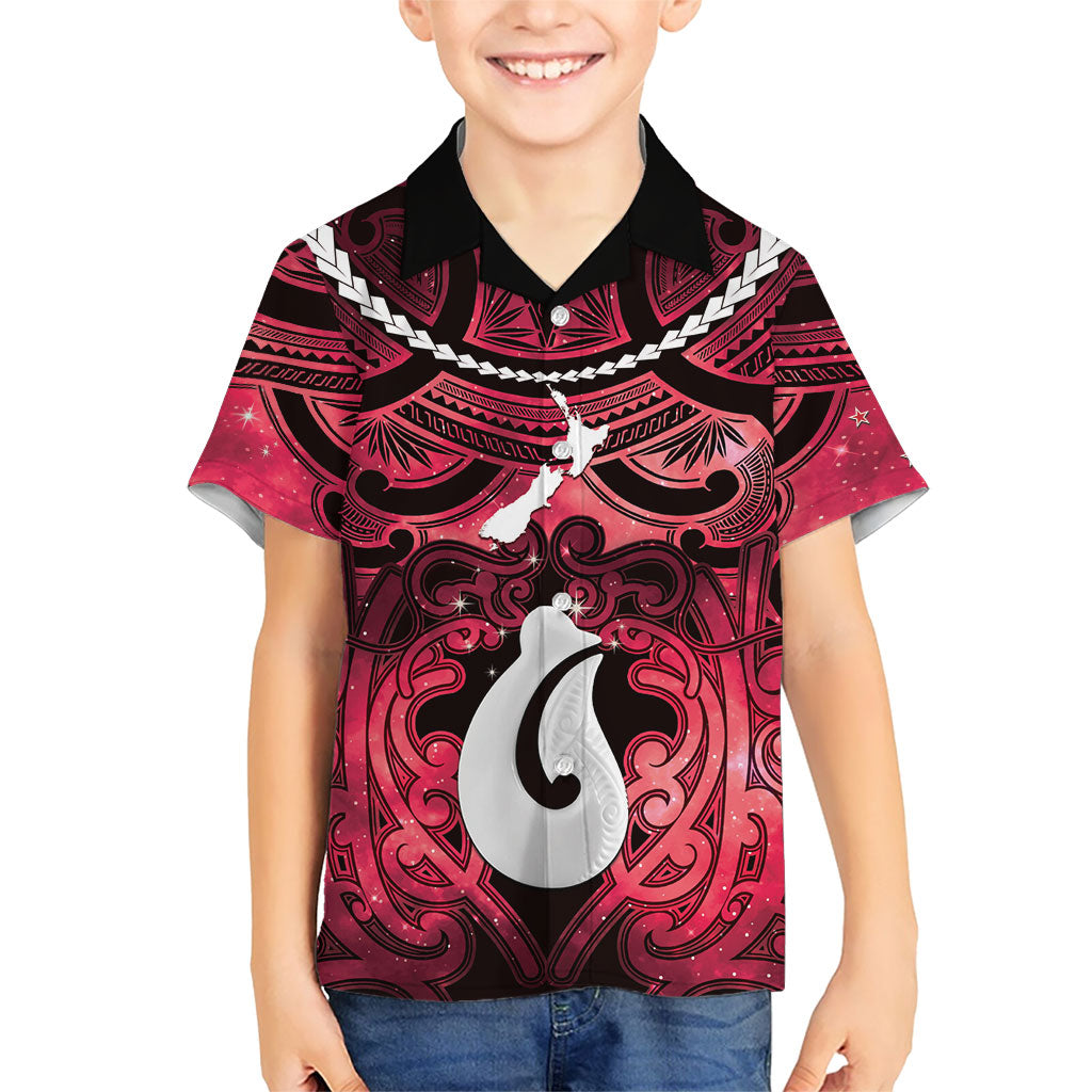 Personalised Maori Matariki Hei Matau Whero Family Matching Short Sleeve Bodycon Dress and Hawaiian Shirt Maori Kowhaiwhai Pattern Galaxy LT01 Son's Shirt Red - Polynesian Pride