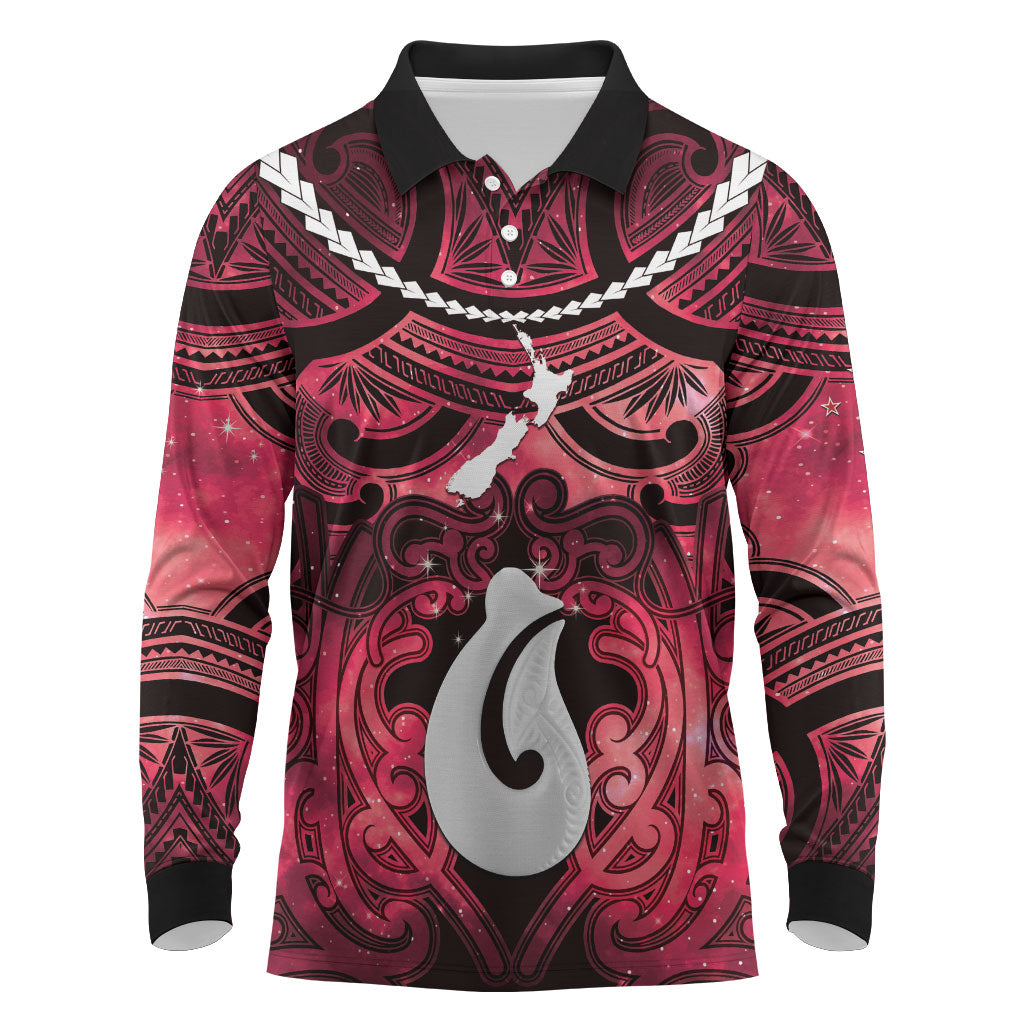 Personalised Maori Matariki Hei Matau Whero Long Sleeve Polo Shirt Maori Kowhaiwhai Pattern Galaxy