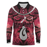 Personalised Maori Matariki Hei Matau Whero Long Sleeve Polo Shirt Maori Kowhaiwhai Pattern Galaxy LT01 Red - Polynesian Pride
