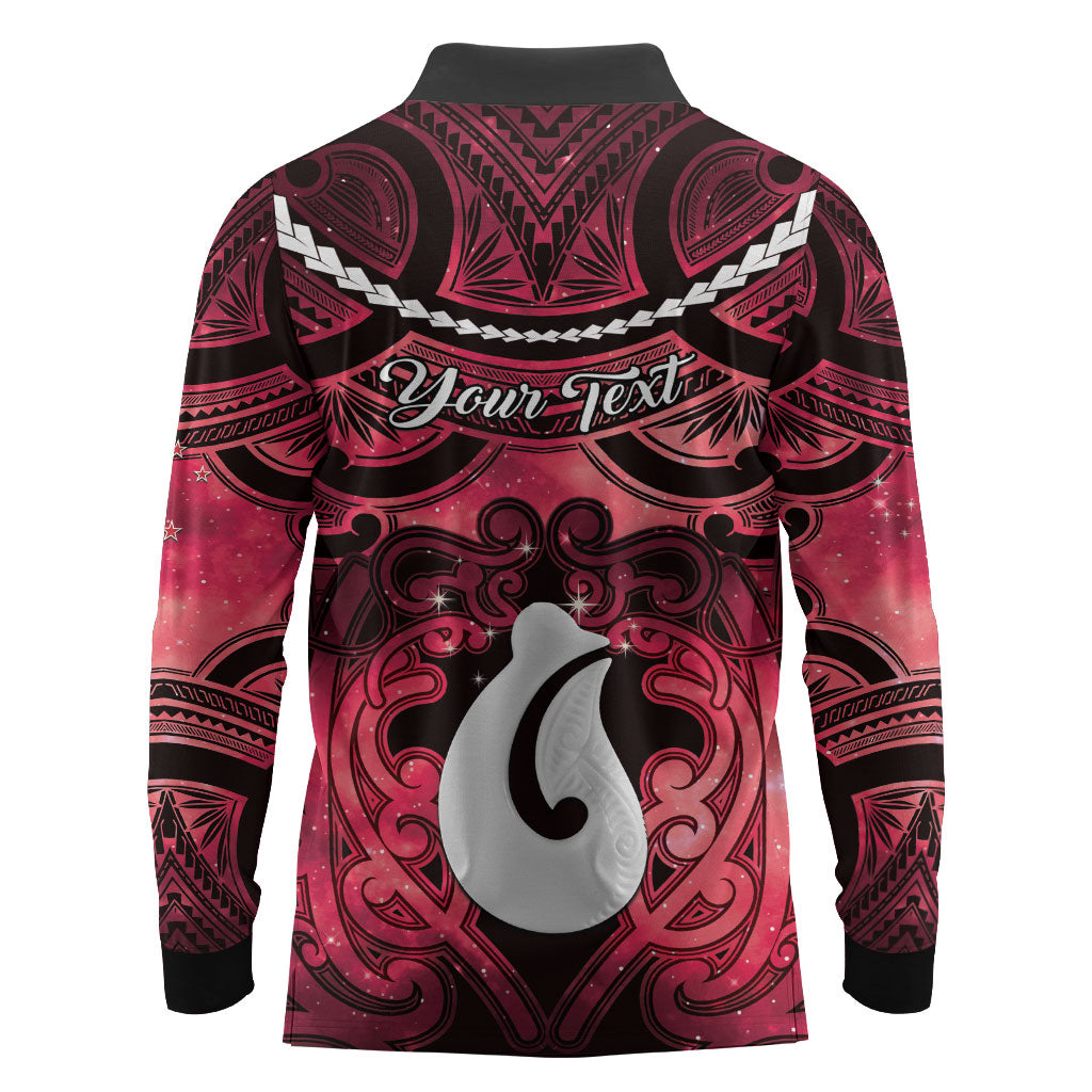 Personalised Maori Matariki Hei Matau Whero Long Sleeve Polo Shirt Maori Kowhaiwhai Pattern Galaxy LT01 - Polynesian Pride