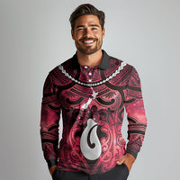 Personalised Maori Matariki Hei Matau Whero Long Sleeve Polo Shirt Maori Kowhaiwhai Pattern Galaxy LT01 - Polynesian Pride