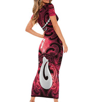 Personalised Maori Matariki Hei Matau Whero Short Sleeve Bodycon Dress Maori Kowhaiwhai Pattern Galaxy LT01 - Polynesian Pride