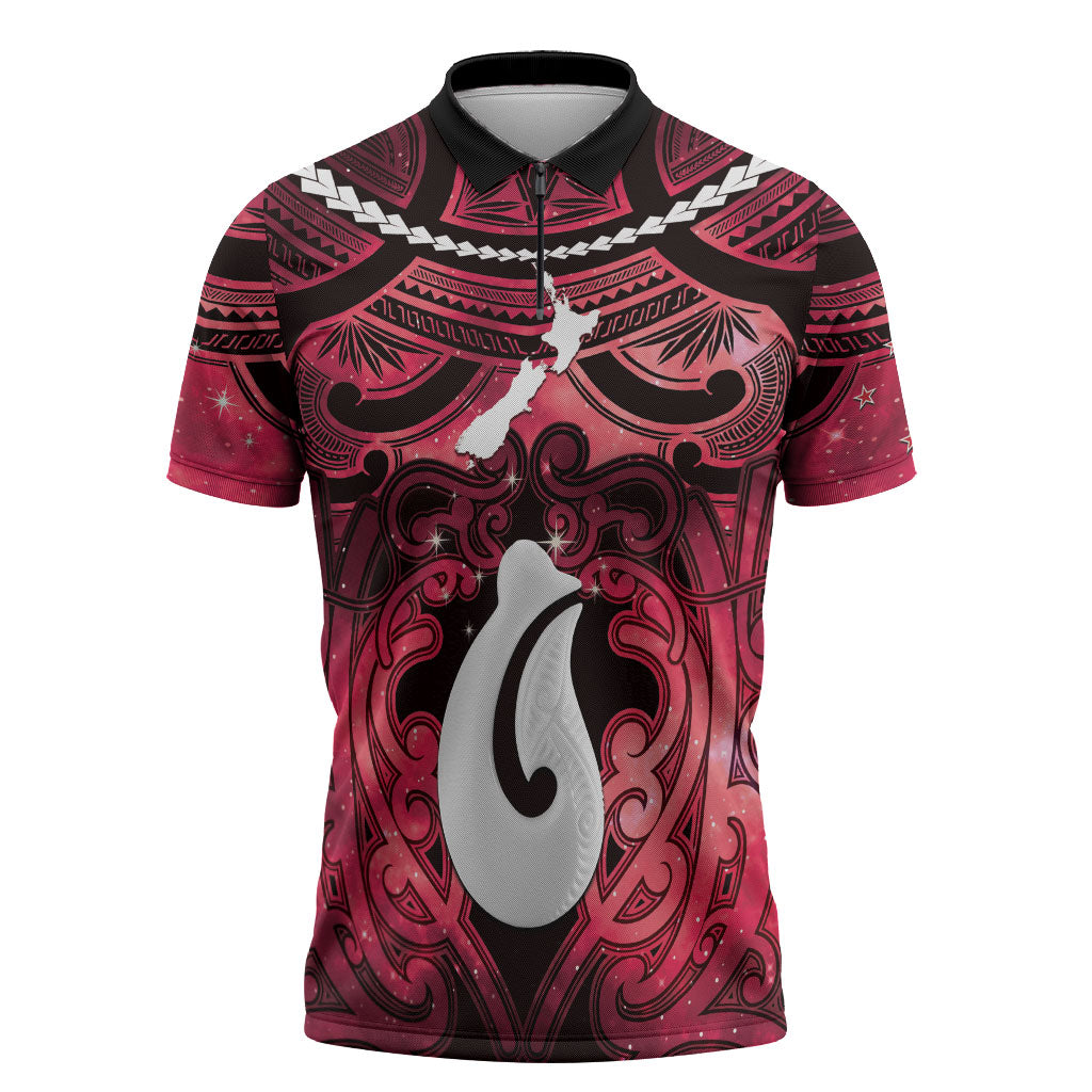 Personalised Maori Matariki Hei Matau Whero Zipper Polo Shirt Maori Kowhaiwhai Pattern Galaxy LT01 Red - Polynesian Pride