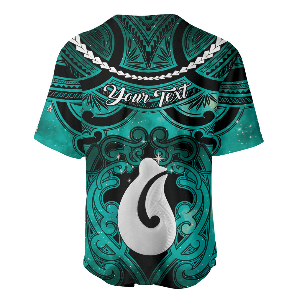 Personalised Maori Matariki Hei Matau Turquoise Baseball Jersey Maori Kowhaiwhai Pattern Galaxy