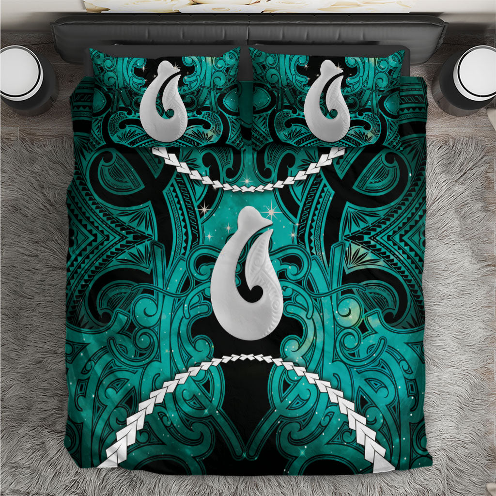 Maori Matariki Hei Matau Turquoise Bedding Set Maori Kowhaiwhai Pattern Galaxy