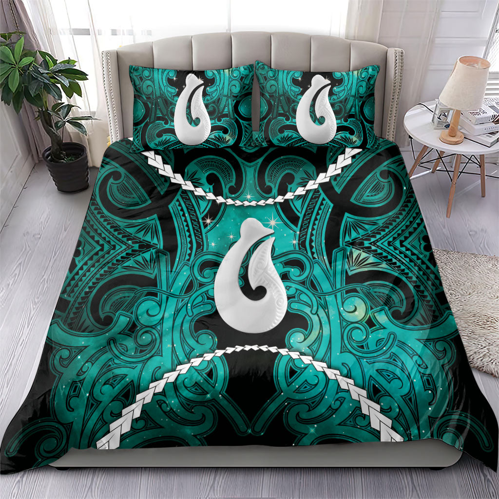 Maori Matariki Hei Matau Turquoise Bedding Set Maori Kowhaiwhai Pattern Galaxy