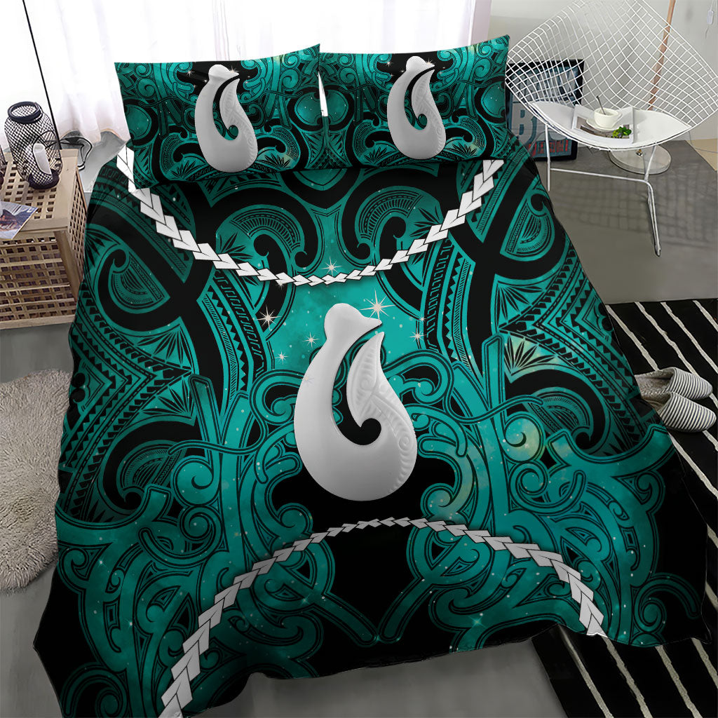 Maori Matariki Hei Matau Turquoise Bedding Set Maori Kowhaiwhai Pattern Galaxy
