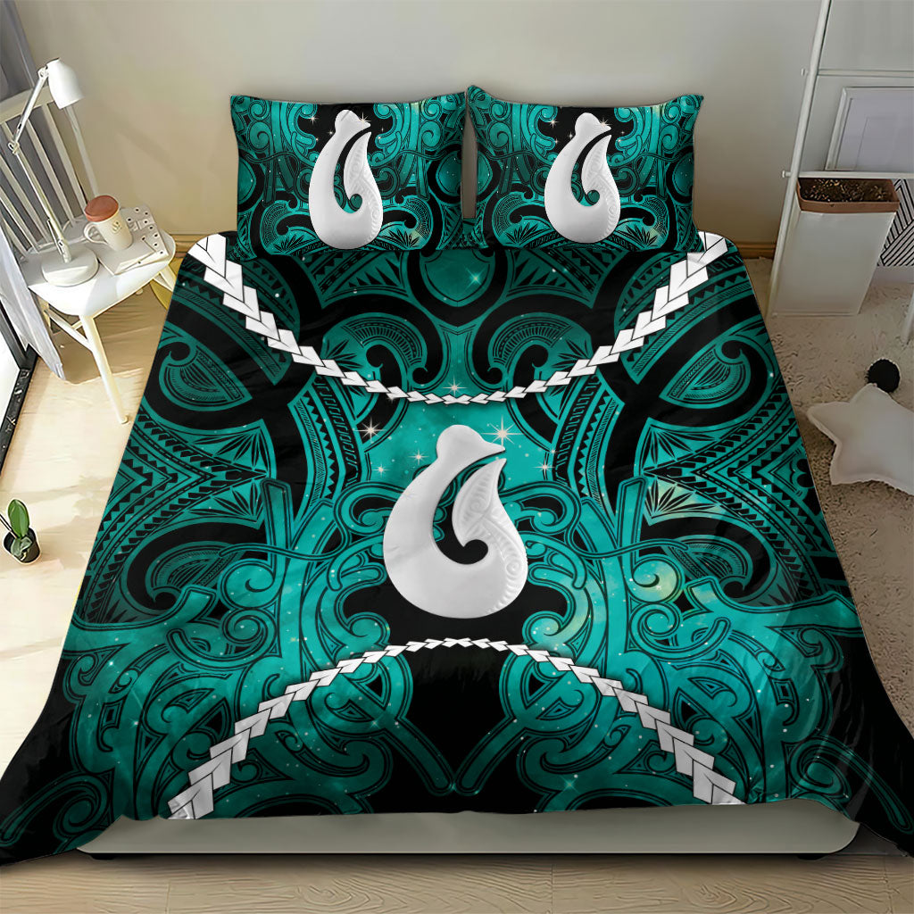 Maori Matariki Hei Matau Turquoise Bedding Set Maori Kowhaiwhai Pattern Galaxy