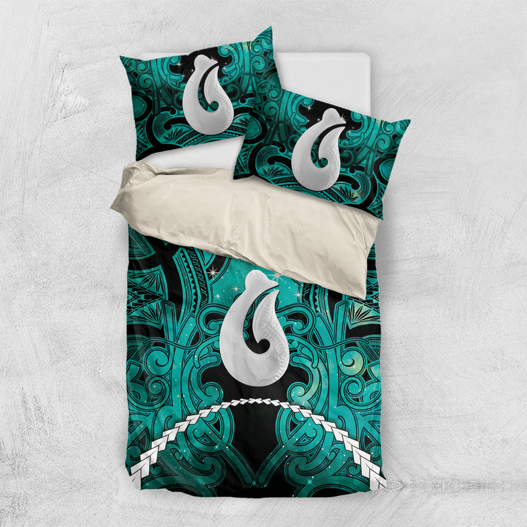 Maori Matariki Hei Matau Turquoise Bedding Set Maori Kowhaiwhai Pattern Galaxy