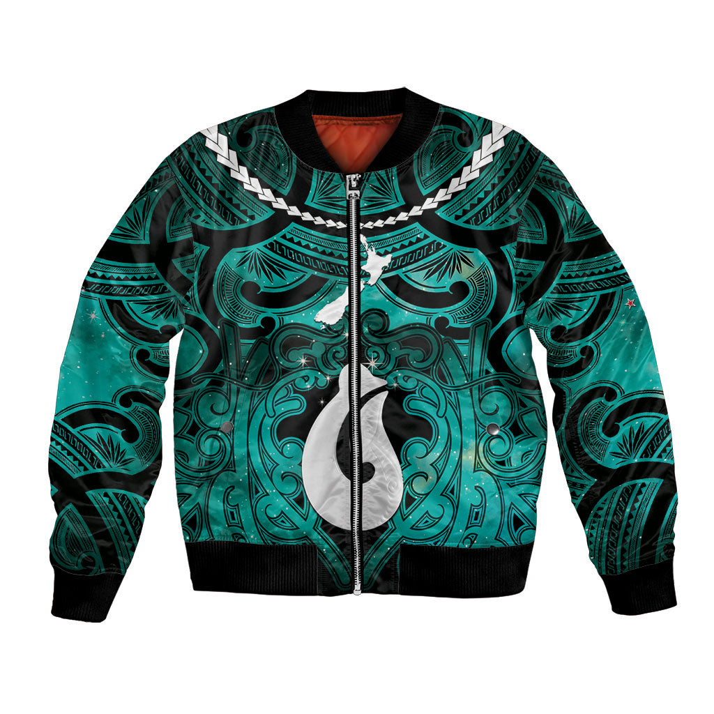Personalised Maori Matariki Hei Matau Turquoise Bomber Jacket Maori Kowhaiwhai Pattern Galaxy