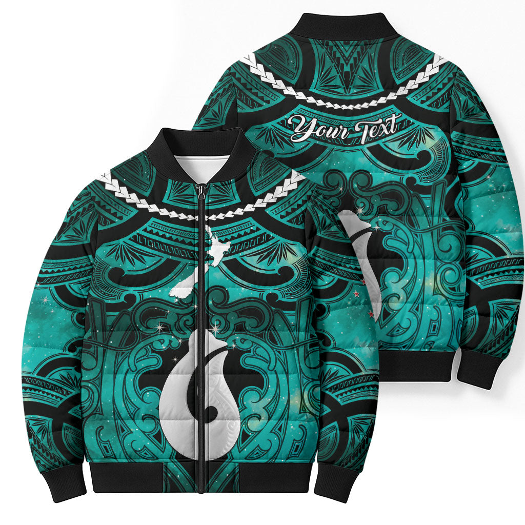 Personalised Maori Matariki Hei Matau Turquoise Bomber Puffer Jacket Maori Kowhaiwhai Pattern Galaxy