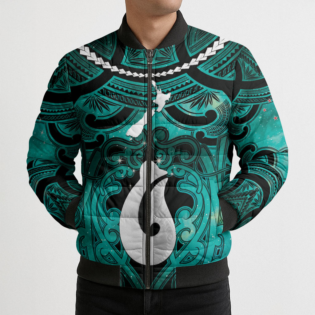 Personalised Maori Matariki Hei Matau Turquoise Bomber Puffer Jacket Maori Kowhaiwhai Pattern Galaxy