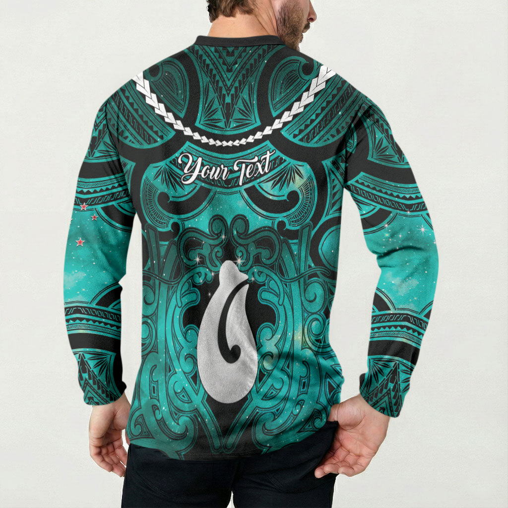 Personalised Maori Matariki Hei Matau Turquoise Button Sweatshirt Maori Kowhaiwhai Pattern Galaxy