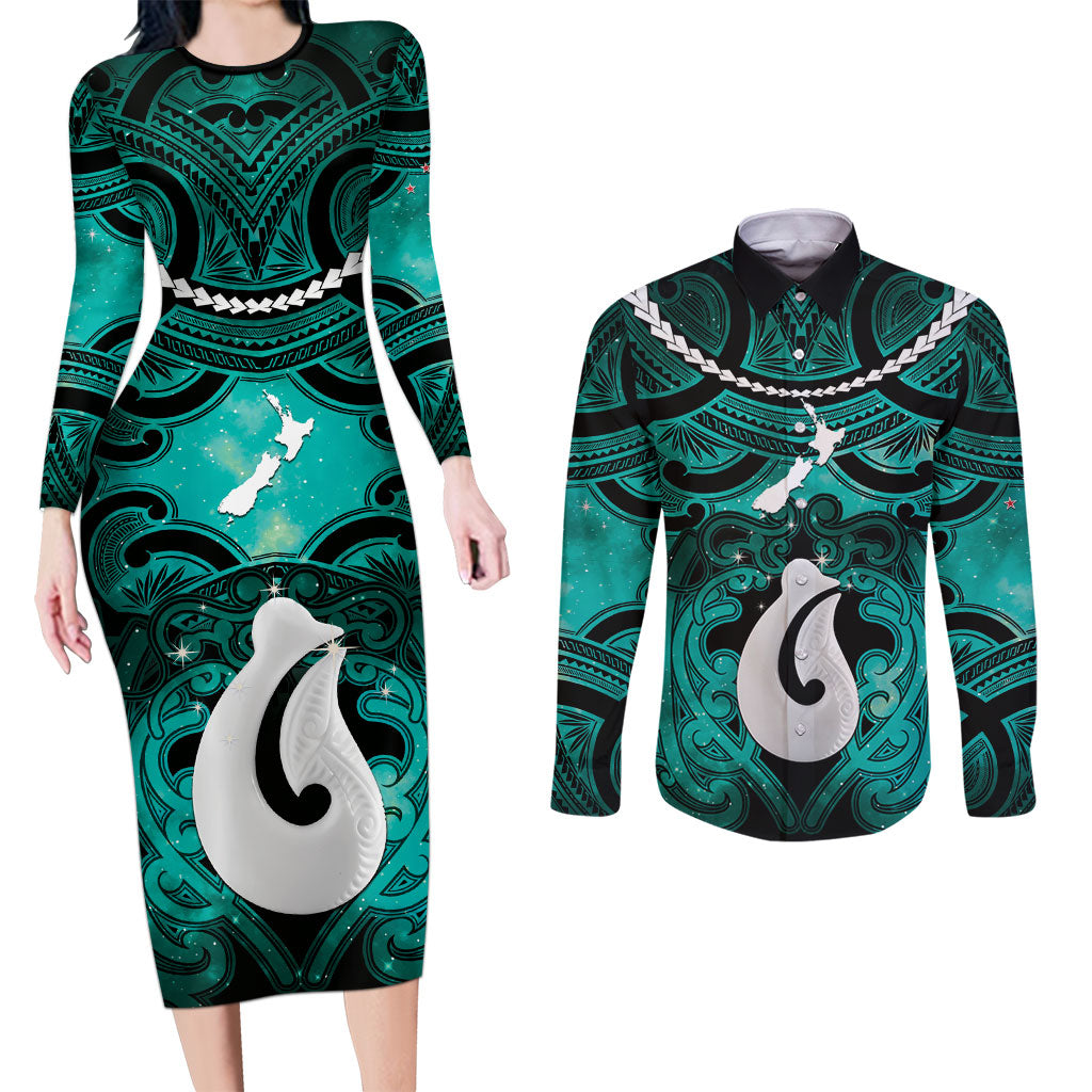 Personalised Maori Matariki Hei Matau Turquoise Couples Matching Long Sleeve Bodycon Dress and Long Sleeve Button Shirt Maori Kowhaiwhai Pattern Galaxy LT01 Turquoise - Polynesian Pride