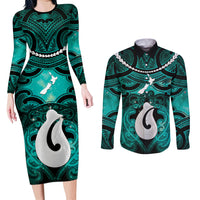 Personalised Maori Matariki Hei Matau Turquoise Couples Matching Long Sleeve Bodycon Dress and Long Sleeve Button Shirt Maori Kowhaiwhai Pattern Galaxy LT01 Turquoise - Polynesian Pride