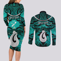 Personalised Maori Matariki Hei Matau Turquoise Couples Matching Long Sleeve Bodycon Dress and Long Sleeve Button Shirt Maori Kowhaiwhai Pattern Galaxy LT01 - Polynesian Pride