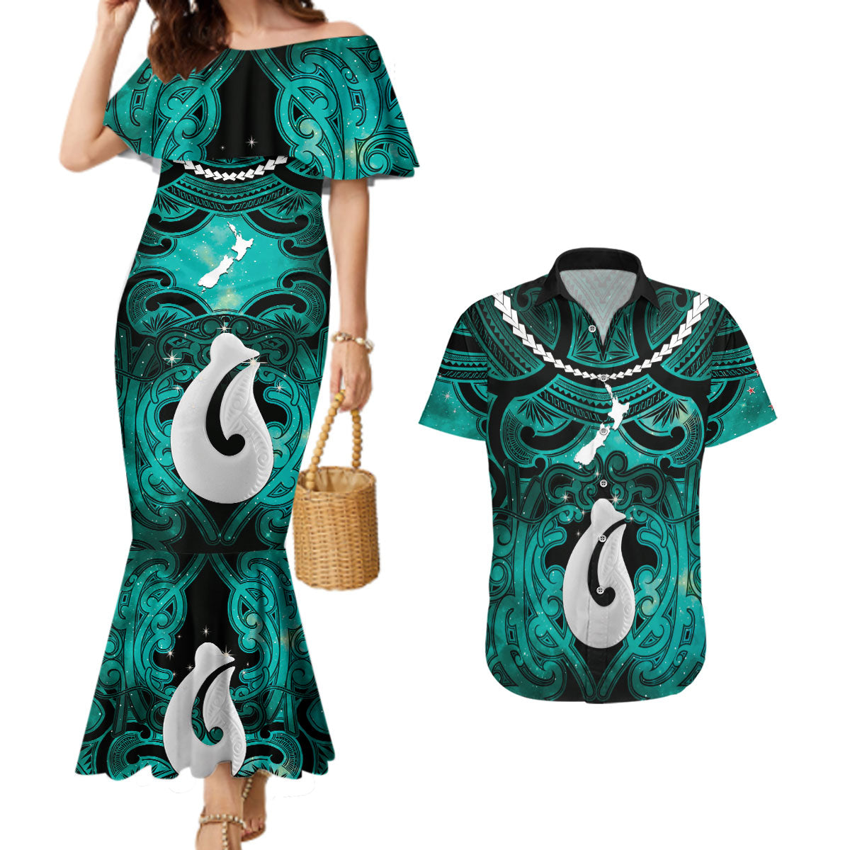Personalised Maori Matariki Hei Matau Turquoise Couples Matching Mermaid Dress and Hawaiian Shirt Maori Kowhaiwhai Pattern Galaxy