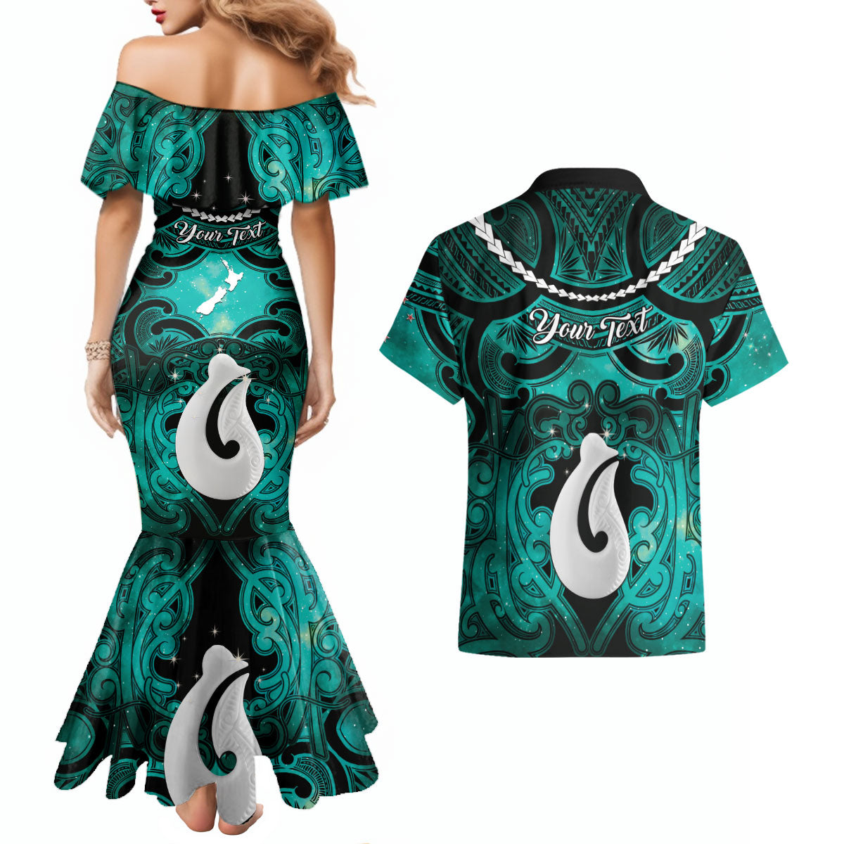 Personalised Maori Matariki Hei Matau Turquoise Couples Matching Mermaid Dress and Hawaiian Shirt Maori Kowhaiwhai Pattern Galaxy