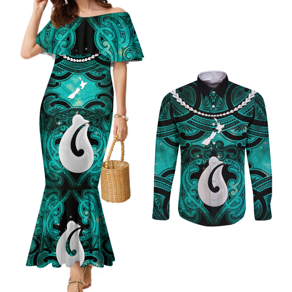 Personalised Maori Matariki Hei Matau Turquoise Couples Matching Mermaid Dress and Long Sleeve Button Shirt Maori Kowhaiwhai Pattern Galaxy LT01 Turquoise - Polynesian Pride