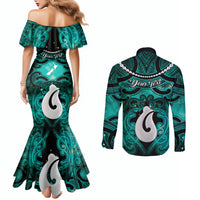 Personalised Maori Matariki Hei Matau Turquoise Couples Matching Mermaid Dress and Long Sleeve Button Shirt Maori Kowhaiwhai Pattern Galaxy LT01 - Polynesian Pride