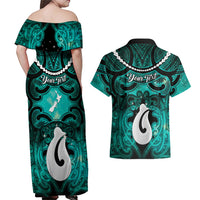 Personalised Maori Matariki Hei Matau Turquoise Couples Matching Off Shoulder Maxi Dress and Hawaiian Shirt Maori Kowhaiwhai Pattern Galaxy LT01 - Polynesian Pride