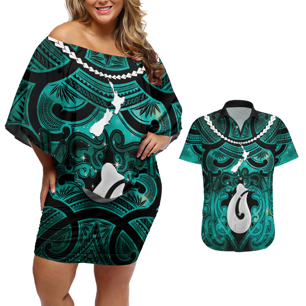 Personalised Maori Matariki Hei Matau Turquoise Couples Matching Off Shoulder Short Dress and Hawaiian Shirt Maori Kowhaiwhai Pattern Galaxy LT01 Turquoise - Polynesian Pride