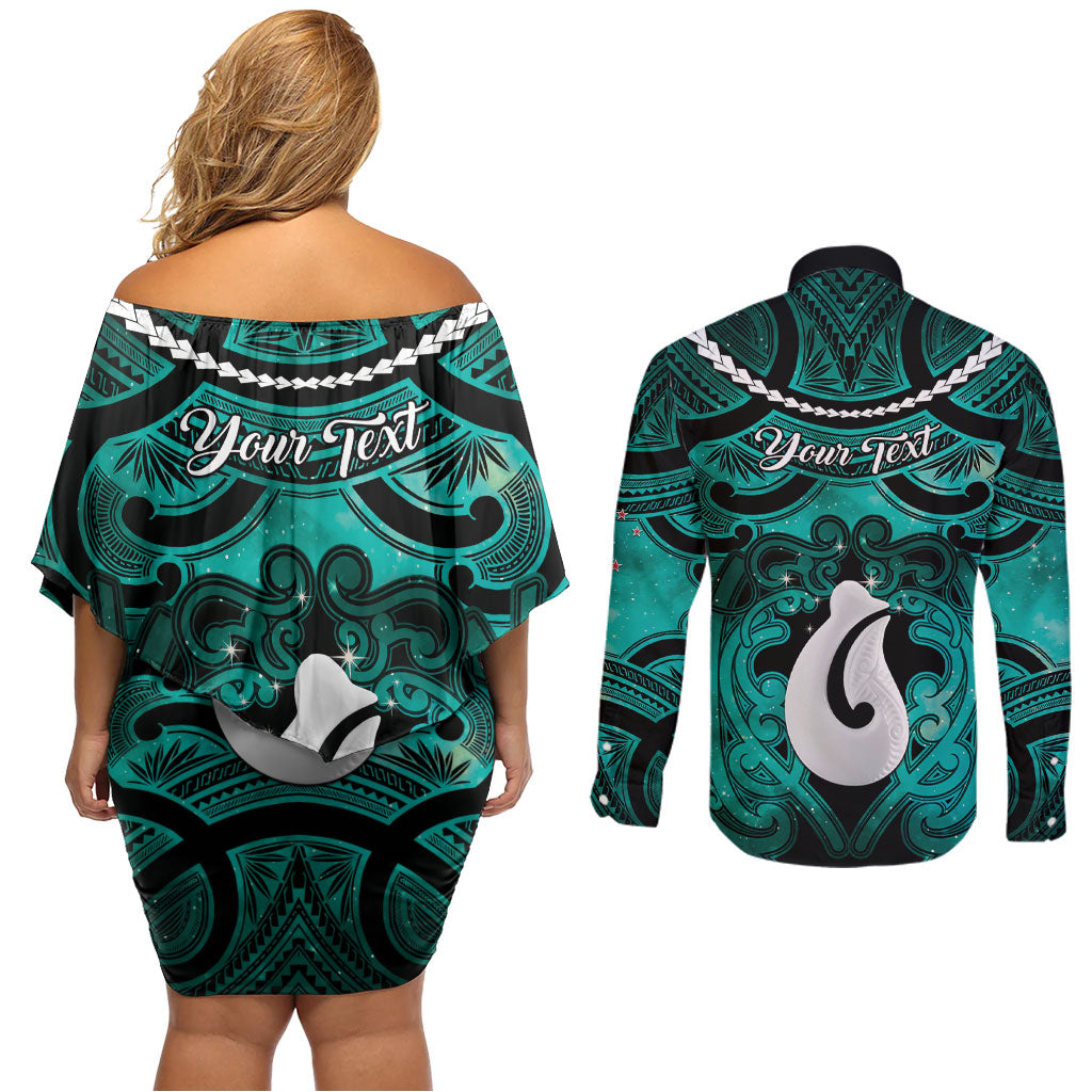 Personalised Maori Matariki Hei Matau Turquoise Couples Matching Off Shoulder Short Dress and Long Sleeve Button Shirt Maori Kowhaiwhai Pattern Galaxy LT01 - Polynesian Pride