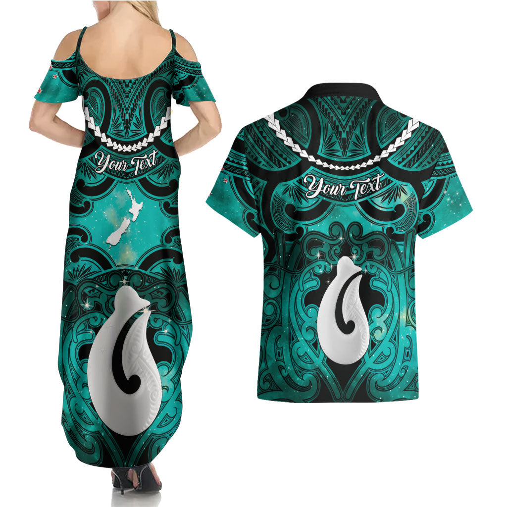 Personalised Maori Matariki Hei Matau Turquoise Couples Matching Summer Maxi Dress and Hawaiian Shirt Maori Kowhaiwhai Pattern Galaxy LT01 - Polynesian Pride