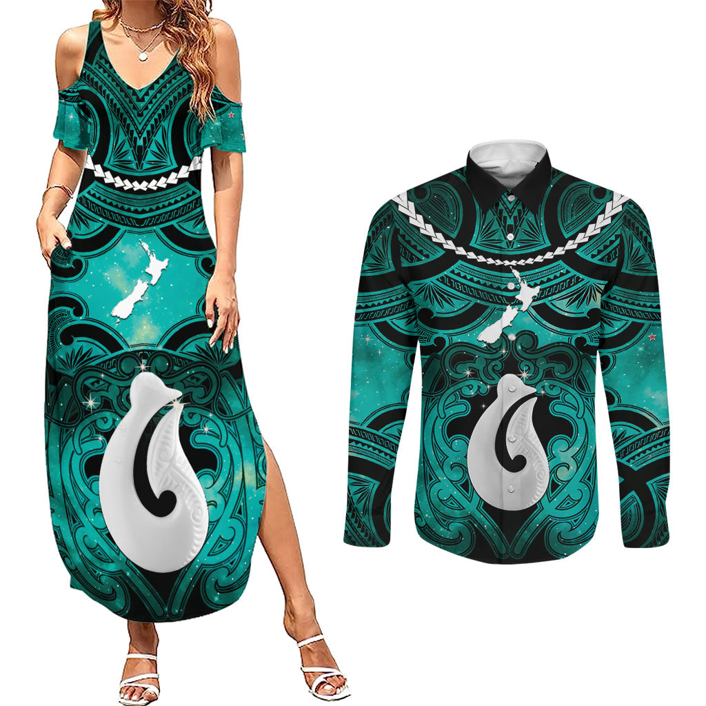 Personalised Maori Matariki Hei Matau Turquoise Couples Matching Summer Maxi Dress and Long Sleeve Button Shirt Maori Kowhaiwhai Pattern Galaxy LT01 Turquoise - Polynesian Pride