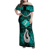 Personalised Maori Matariki Hei Matau Turquoise Family Matching Off Shoulder Maxi Dress and Hawaiian Shirt Maori Kowhaiwhai Pattern Galaxy