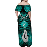 Personalised Maori Matariki Hei Matau Turquoise Family Matching Off Shoulder Maxi Dress and Hawaiian Shirt Maori Kowhaiwhai Pattern Galaxy