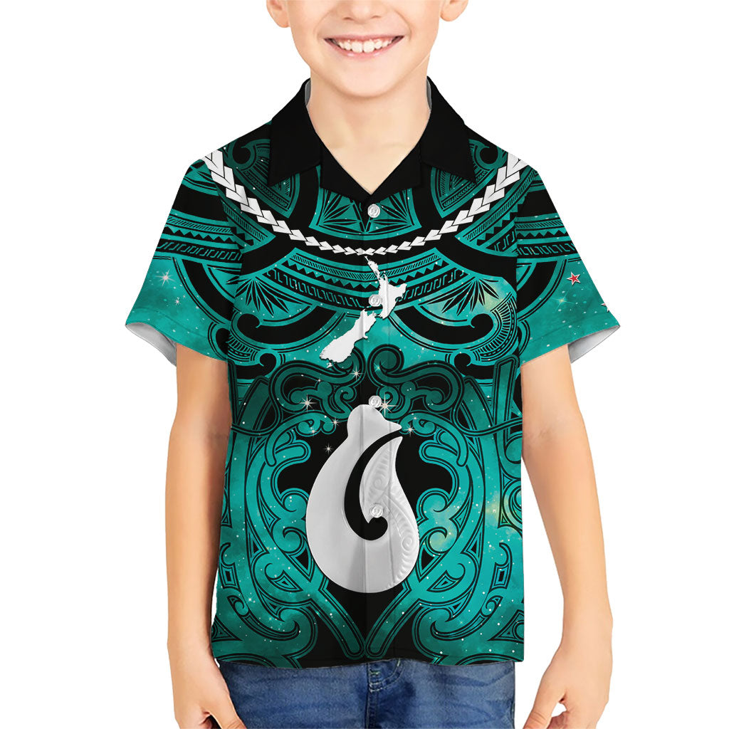 Personalised Maori Matariki Hei Matau Turquoise Family Matching Off Shoulder Maxi Dress and Hawaiian Shirt Maori Kowhaiwhai Pattern Galaxy