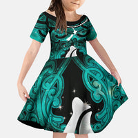 Personalised Maori Matariki Hei Matau Turquoise Family Matching Off Shoulder Short Dress and Hawaiian Shirt Maori Kowhaiwhai Pattern Galaxy LT01 Daughter's Dress Turquoise - Polynesian Pride