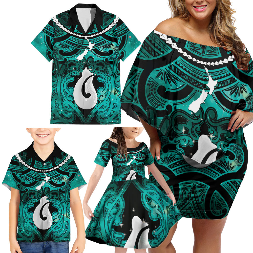 Personalised Maori Matariki Hei Matau Turquoise Family Matching Off Shoulder Short Dress and Hawaiian Shirt Maori Kowhaiwhai Pattern Galaxy LT01 - Polynesian Pride