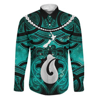 Personalised Maori Matariki Hei Matau Turquoise Family Matching Off Shoulder Short Dress and Hawaiian Shirt Maori Kowhaiwhai Pattern Galaxy LT01 Dad's Shirt - Long Sleeve Turquoise - Polynesian Pride