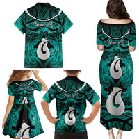 Personalised Maori Matariki Hei Matau Turquoise Family Matching Puletasi and Hawaiian Shirt Maori Kowhaiwhai Pattern Galaxy