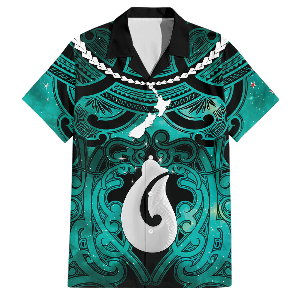 Personalised Maori Matariki Hei Matau Turquoise Family Matching Short Sleeve Bodycon Dress and Hawaiian Shirt Maori Kowhaiwhai Pattern Galaxy LT01 Dad's Shirt - Short Sleeve Turquoise - Polynesian Pride