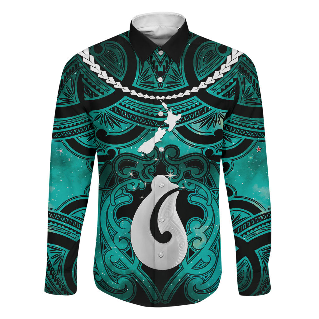 Personalised Maori Matariki Hei Matau Turquoise Family Matching Short Sleeve Bodycon Dress and Hawaiian Shirt Maori Kowhaiwhai Pattern Galaxy LT01 Dad's Shirt - Long Sleeve Turquoise - Polynesian Pride
