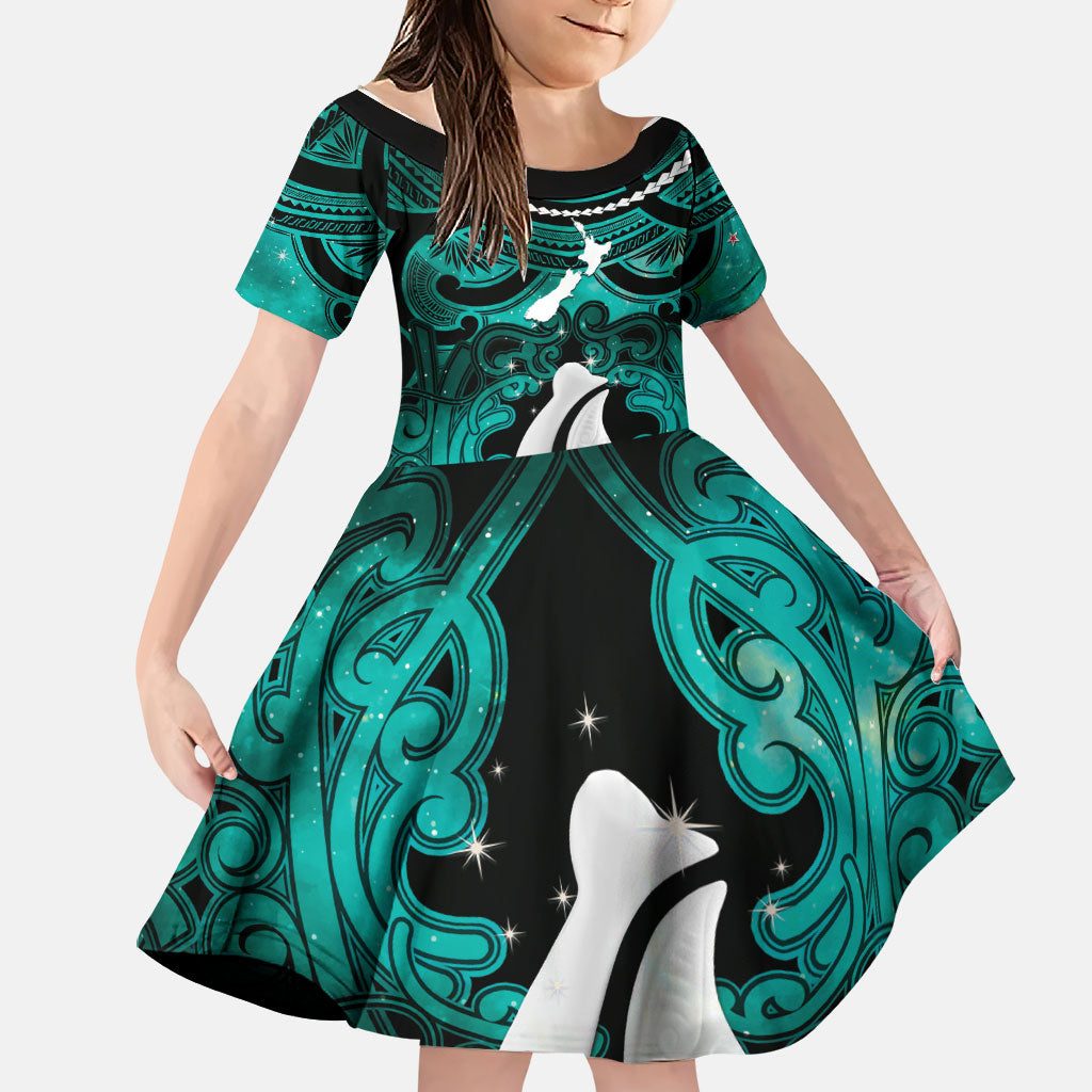 Personalised Maori Matariki Hei Matau Turquoise Family Matching Summer Maxi Dress and Hawaiian Shirt Maori Kowhaiwhai Pattern Galaxy LT01 Daughter's Dress Turquoise - Polynesian Pride