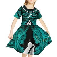 Personalised Maori Matariki Hei Matau Turquoise Kid Short Sleeve Dress Maori Kowhaiwhai Pattern Galaxy