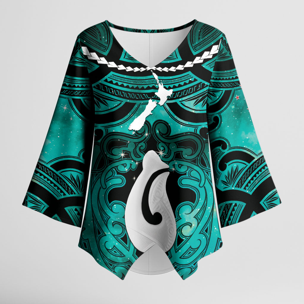 Personalised Maori Matariki Hei Matau Turquoise Kimono Sleeve Blouse Maori Kowhaiwhai Pattern Galaxy LT01 Female Turquoise - Polynesian Pride