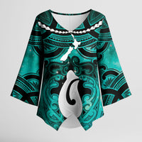 Personalised Maori Matariki Hei Matau Turquoise Kimono Sleeve Blouse Maori Kowhaiwhai Pattern Galaxy LT01 Female Turquoise - Polynesian Pride