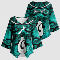 Personalised Maori Matariki Hei Matau Turquoise Kimono Sleeve Blouse Maori Kowhaiwhai Pattern Galaxy LT01 - Polynesian Pride