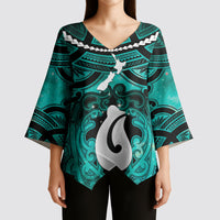 Personalised Maori Matariki Hei Matau Turquoise Kimono Sleeve Blouse Maori Kowhaiwhai Pattern Galaxy LT01 - Polynesian Pride